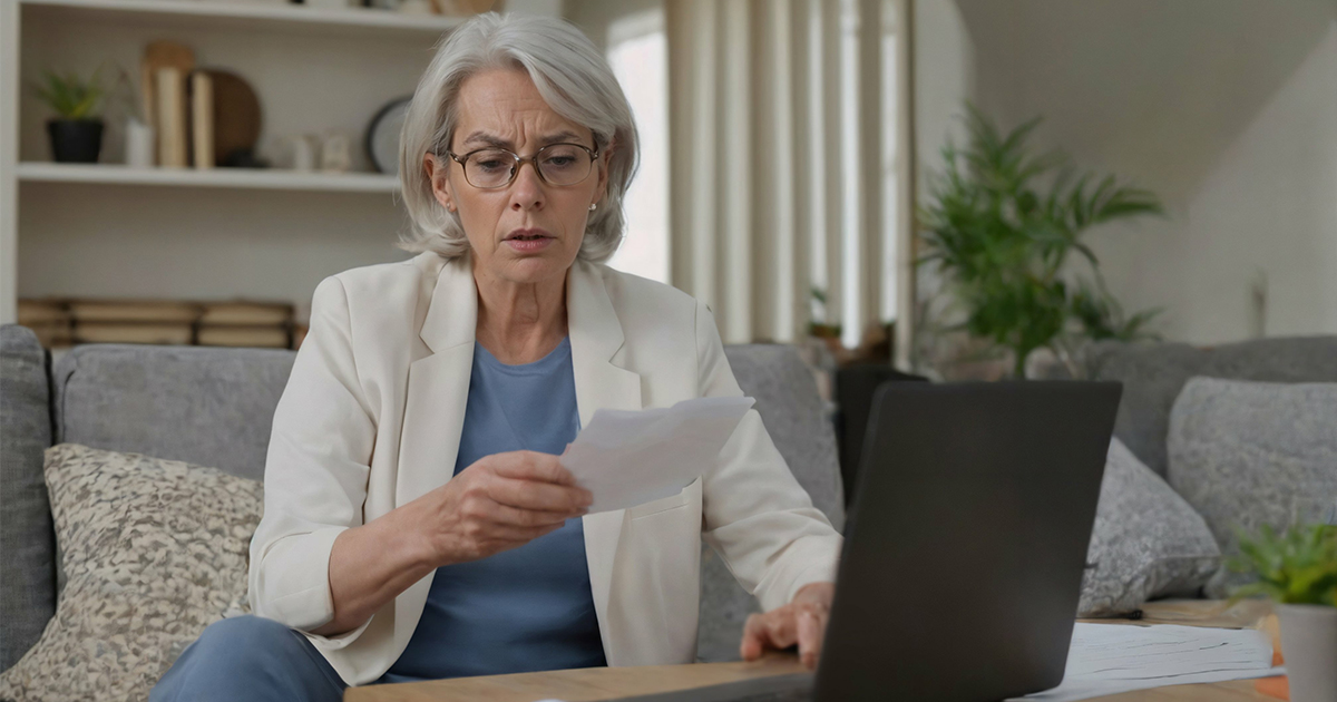 woman looking at computer confused