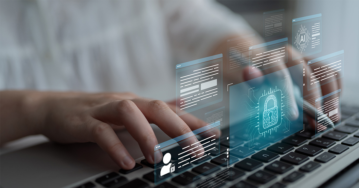 person on computer with security icons over image