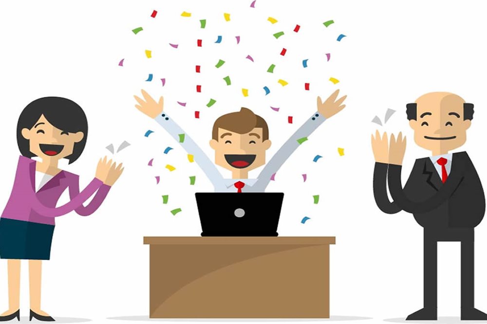 cartoon graphic of employees celebrating the promotion of a colleague