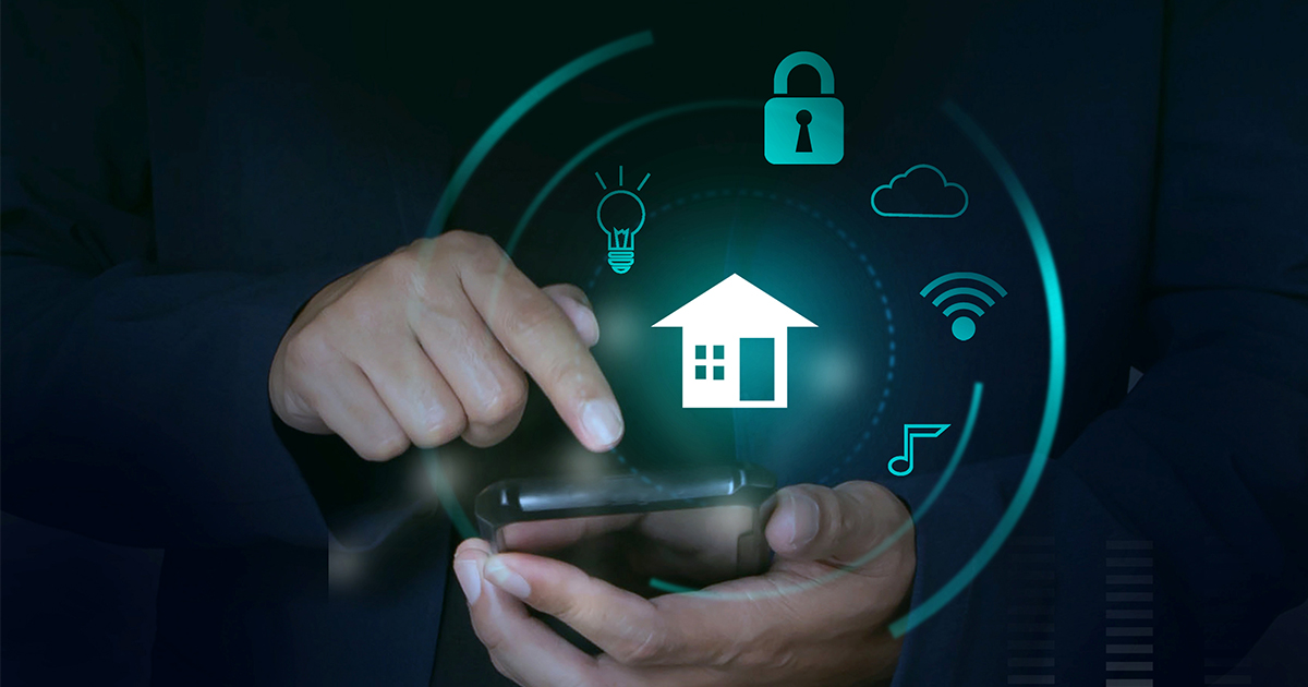 smart home symbols around person on cell phone